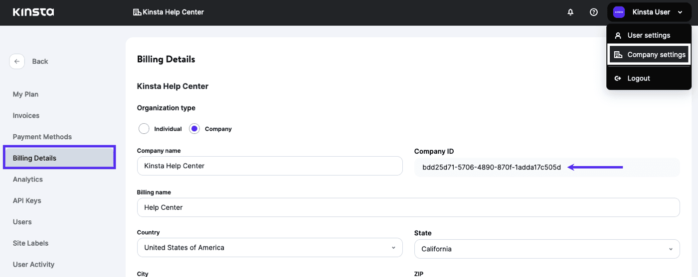 Kinsta Company ID in MyKinsta.