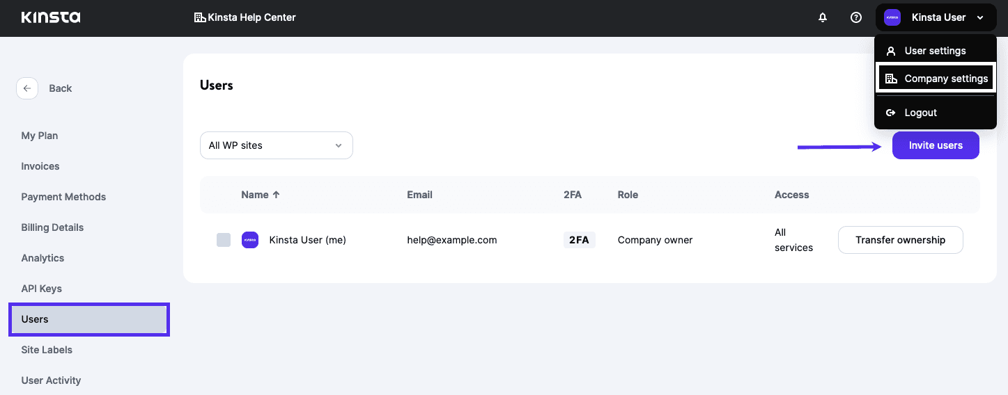 Invite users to your company in MyKinsta.