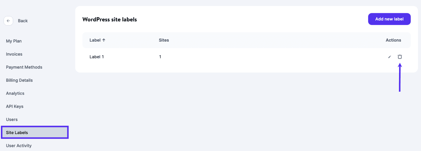 Click the trash can (delete) icon to delete a site label.