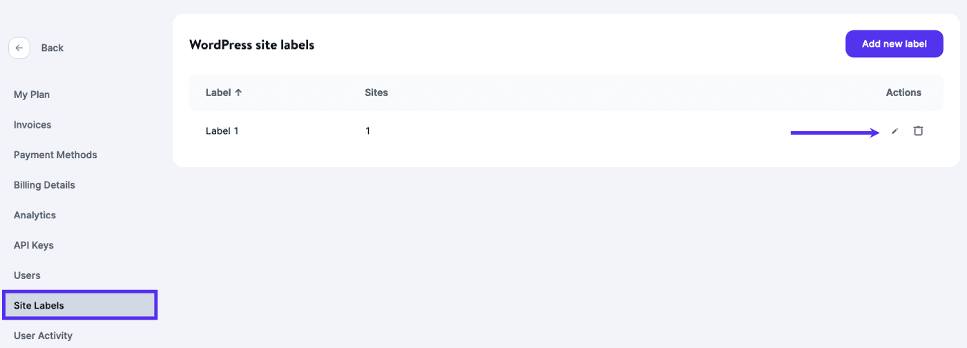 Click the pencil (edit) icon in MyKinsta to change a label name.