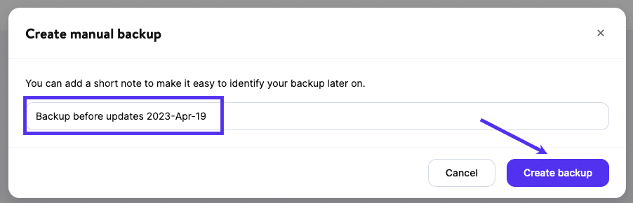 Add a name or short note to your manual WordPress backup.
