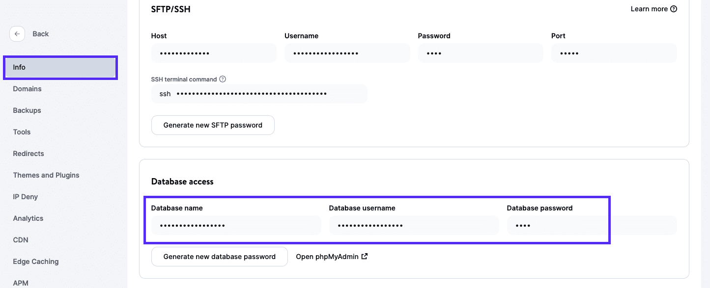 Database access credentials in MyKinsta.