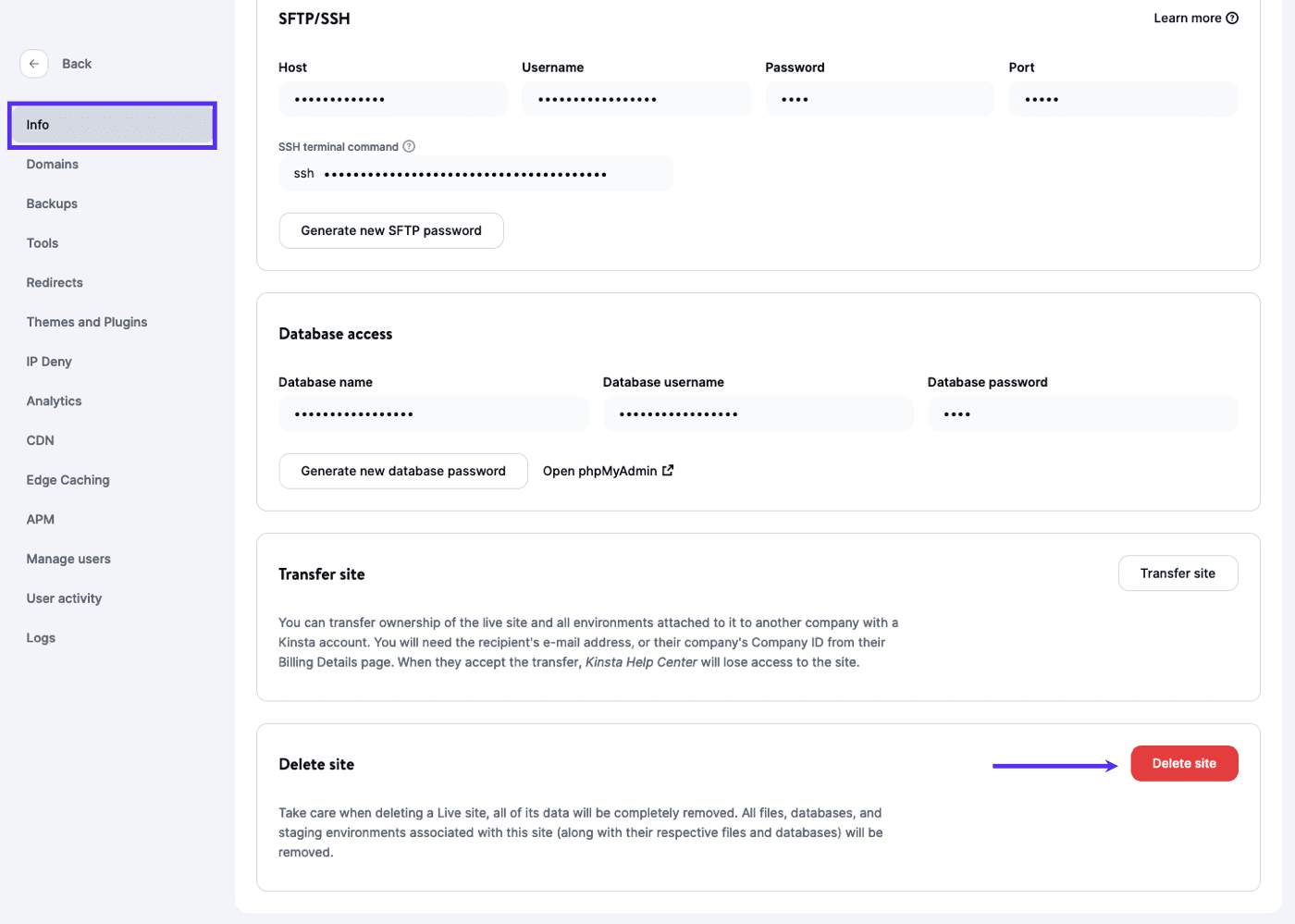 Delete site in MyKinsta.