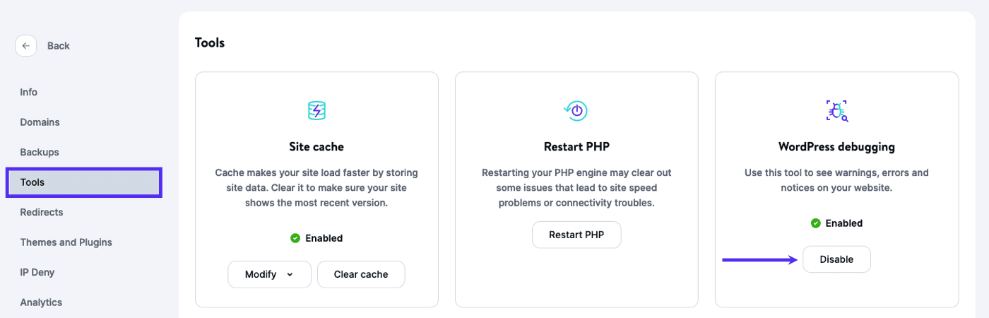 Disable WordPress debug mode in MyKinsta.