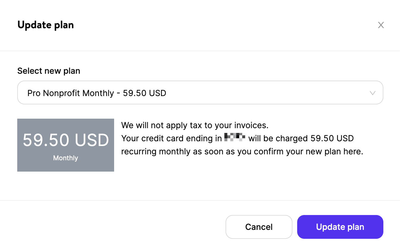 Changing a Nonprofit hosting plan in MyKinsta.