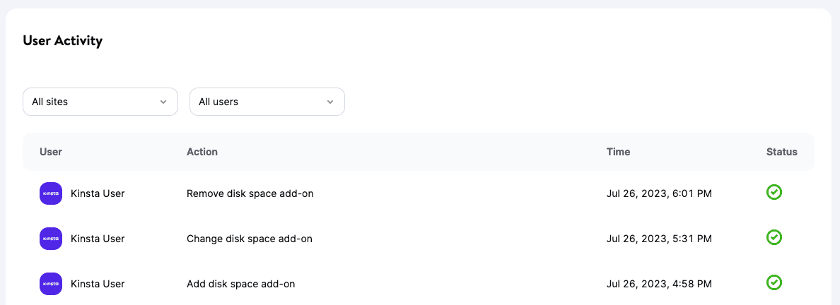 Disk space add-on changes in MyKinsta Activity Log.