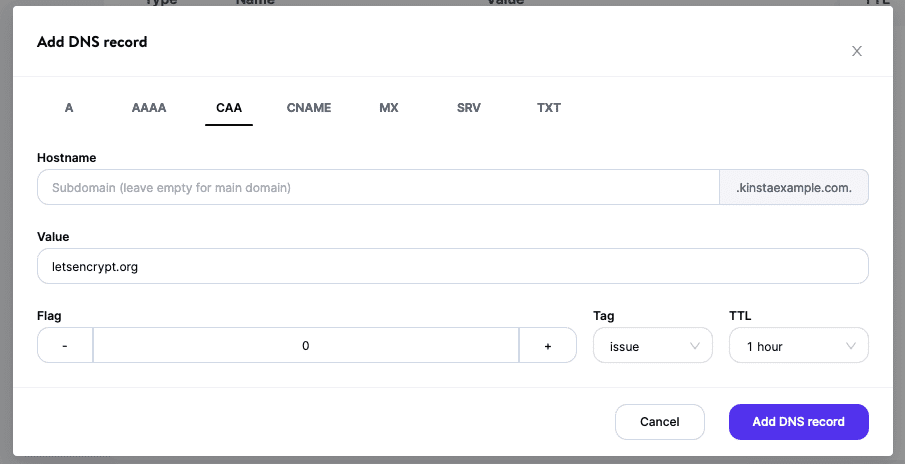 Add a CAA record in Kinsta's DNS.