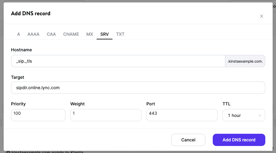 Add an SRV record in Kinsta's DNS.