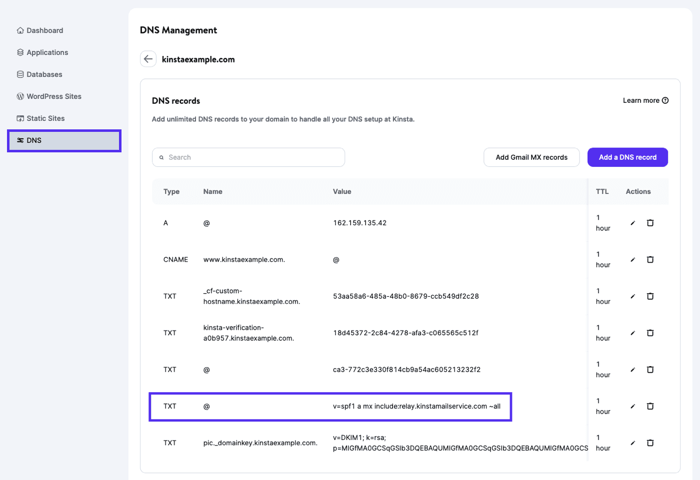 An SPF TXT record in Kinsta's DNS.