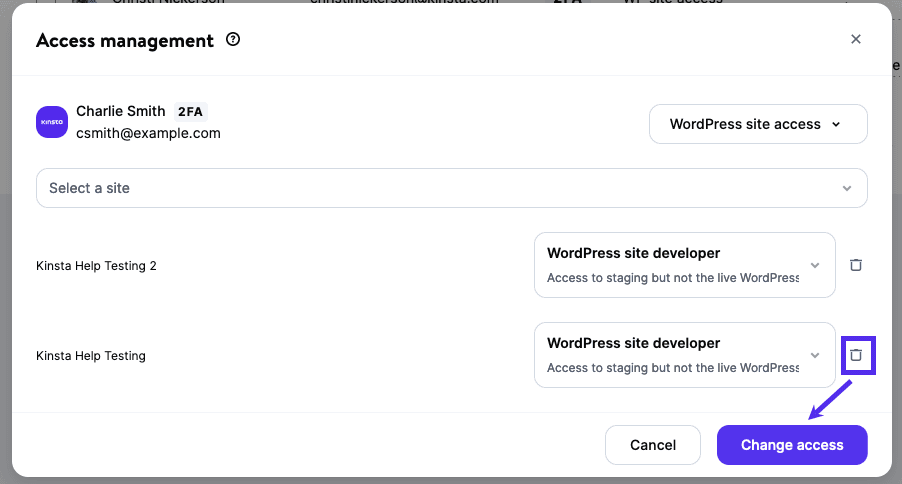 Remove a user from a WordPress site in MyKinsta.