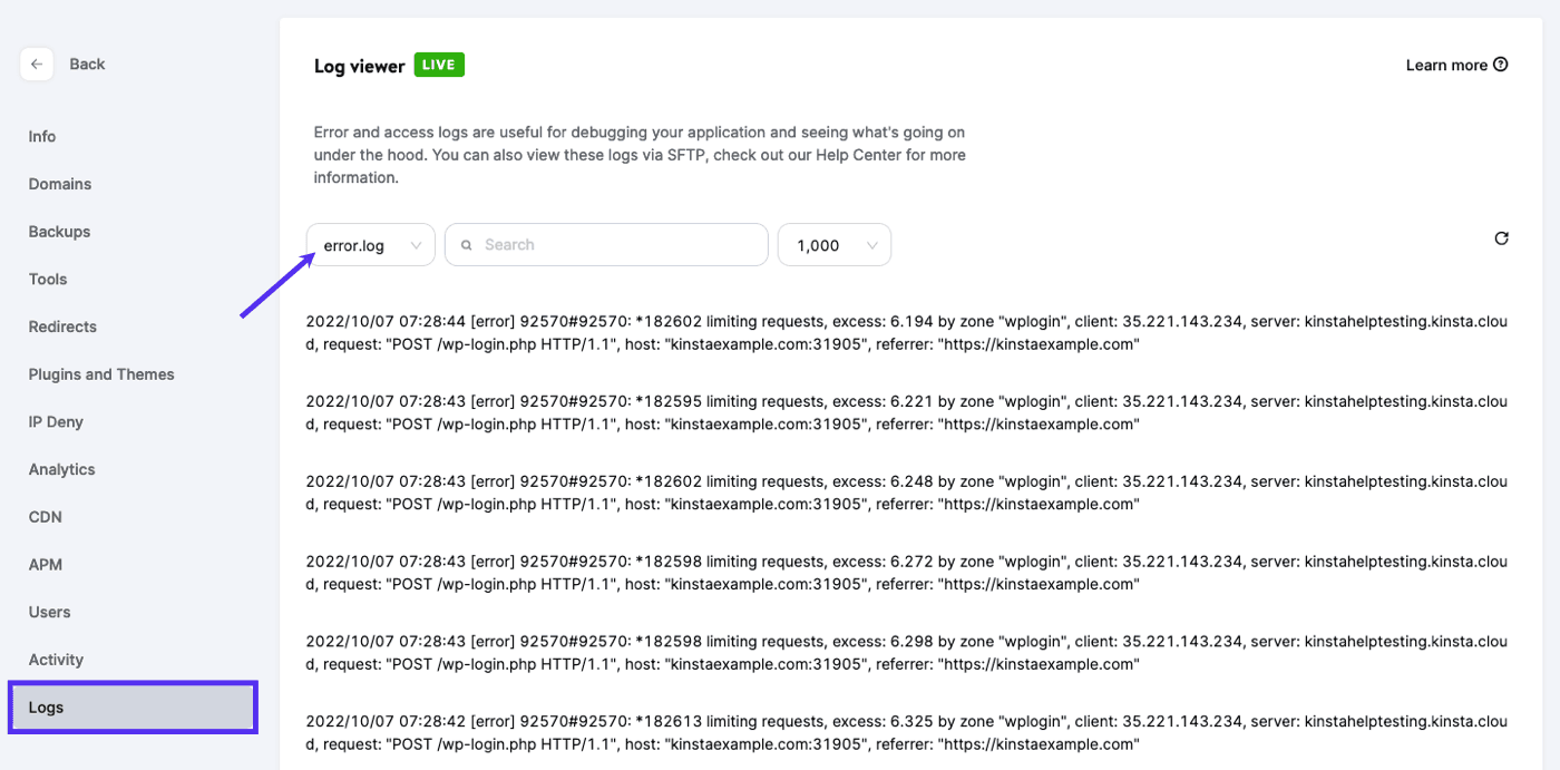 error.log file in MyKinsta Log viewer.