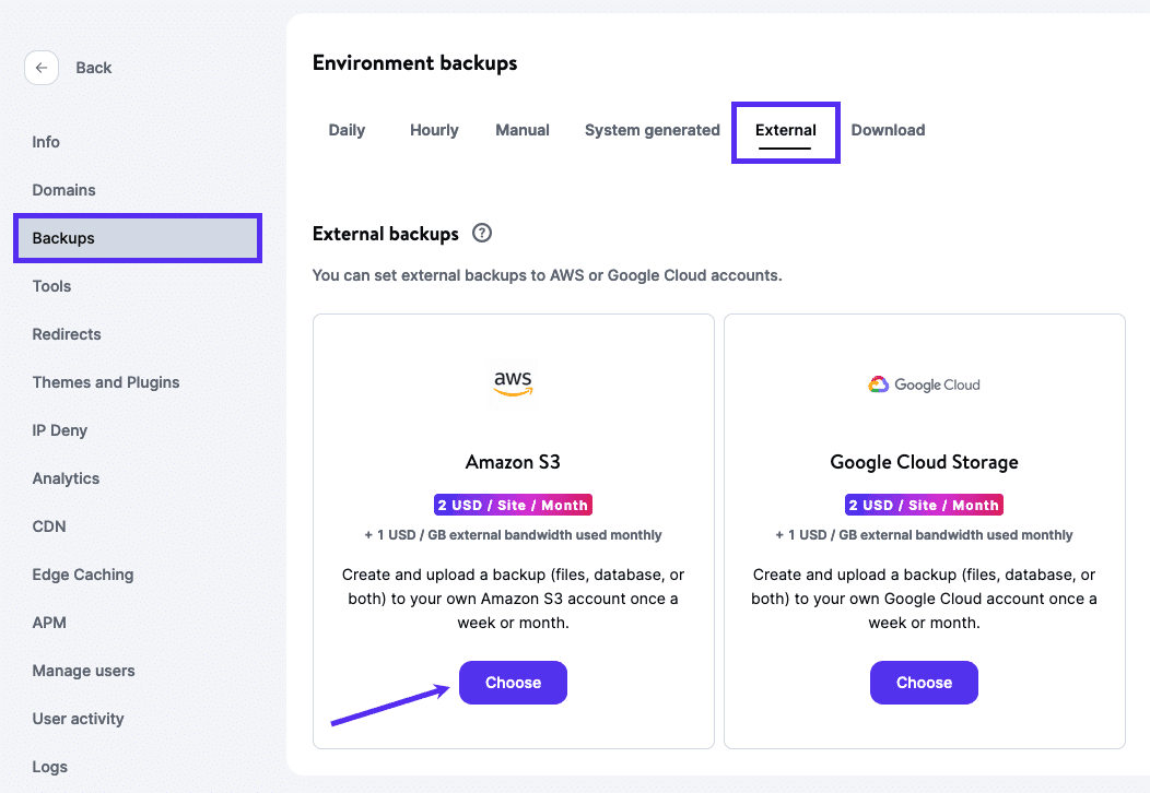 Select the Amazon S3 option for external backups.