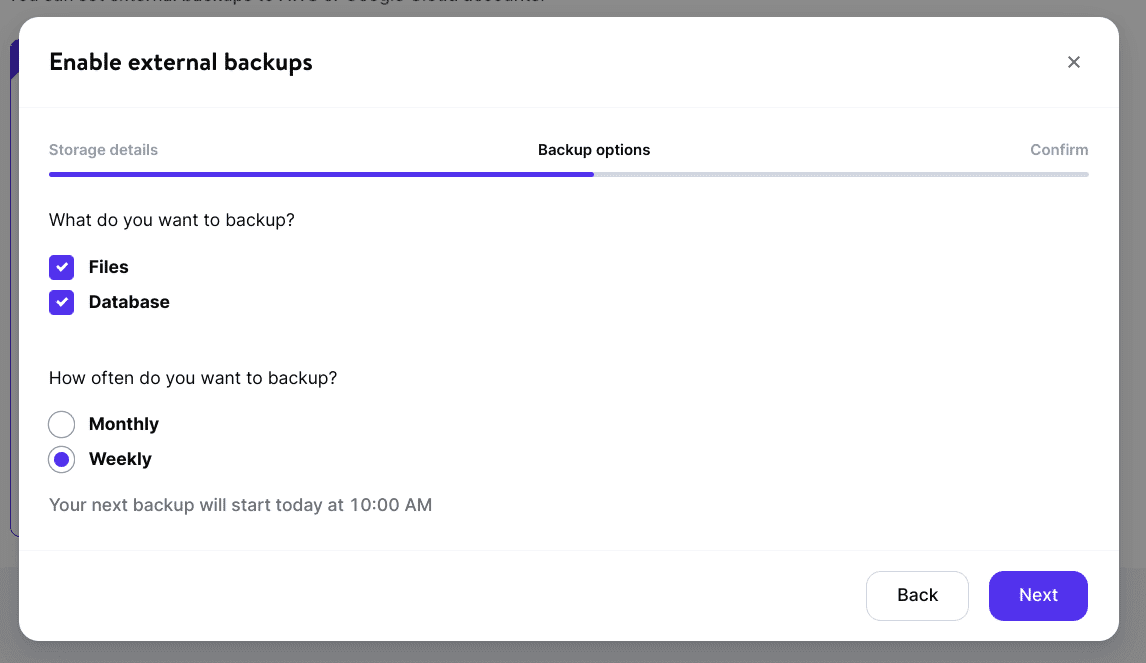 Specify backup type and frequency for your external backups.