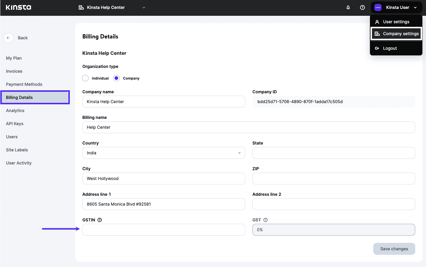 The GSTIN field in MyKinsta.