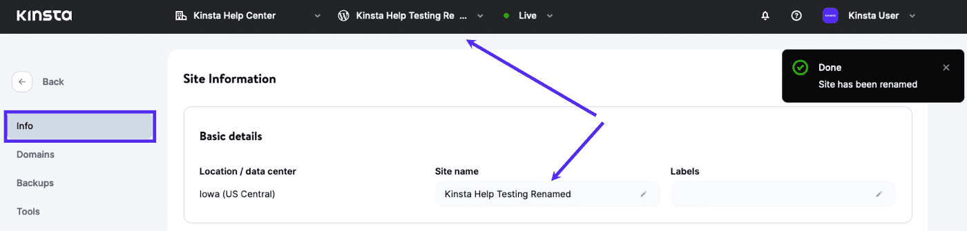 Example of a renamed site in MyKinsta.