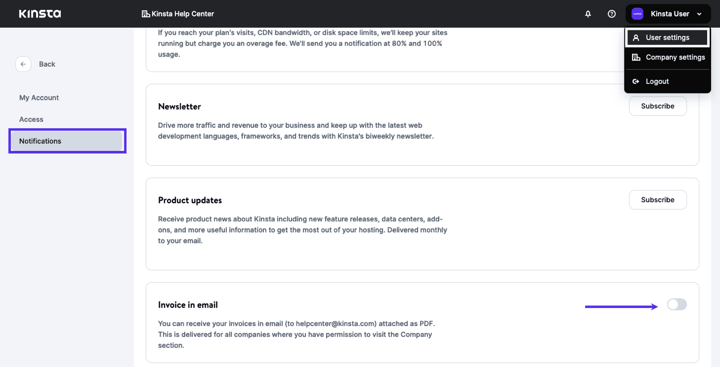 Enabling automatic invoice emails in MyKinsta.