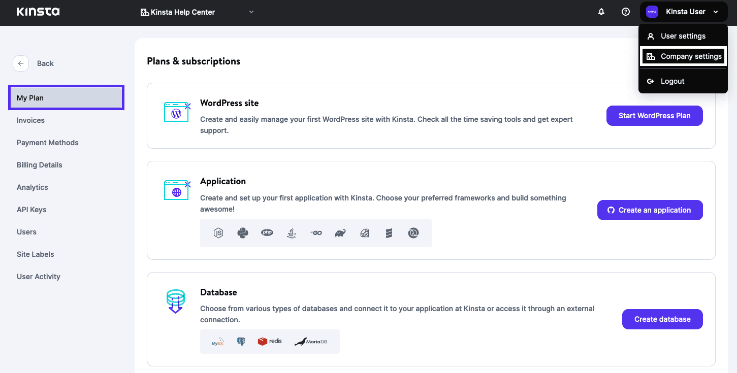 Go to the Plans & subscriptions page in MyKinsta.