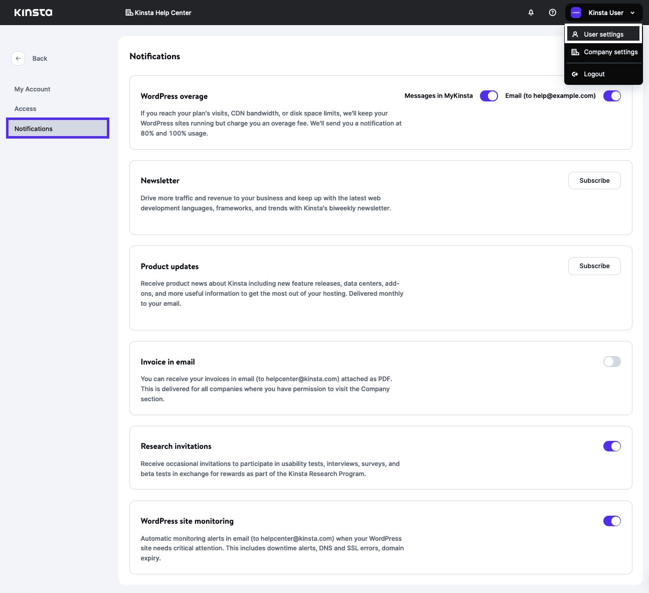 Notification settings in MyKinsta.