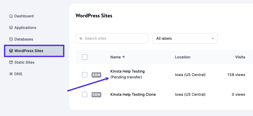 A site pending transfer to another company in MyKinsta.