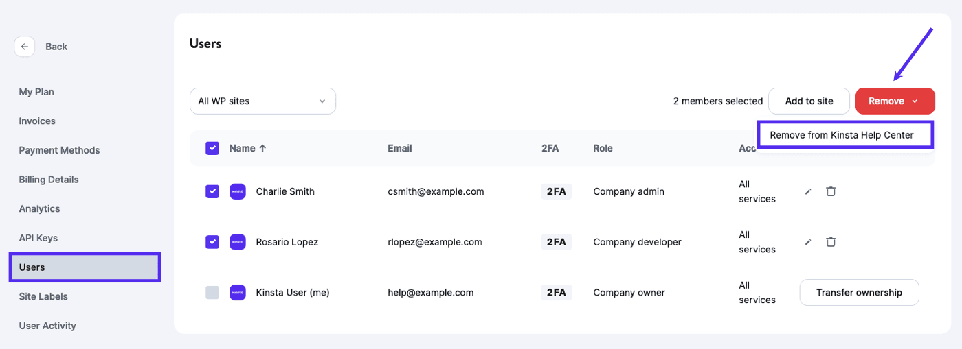 Remove multiple users from a company in MyKinsta.