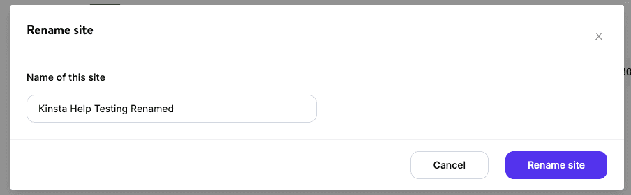 Choose a new display name for your Kinsta site.