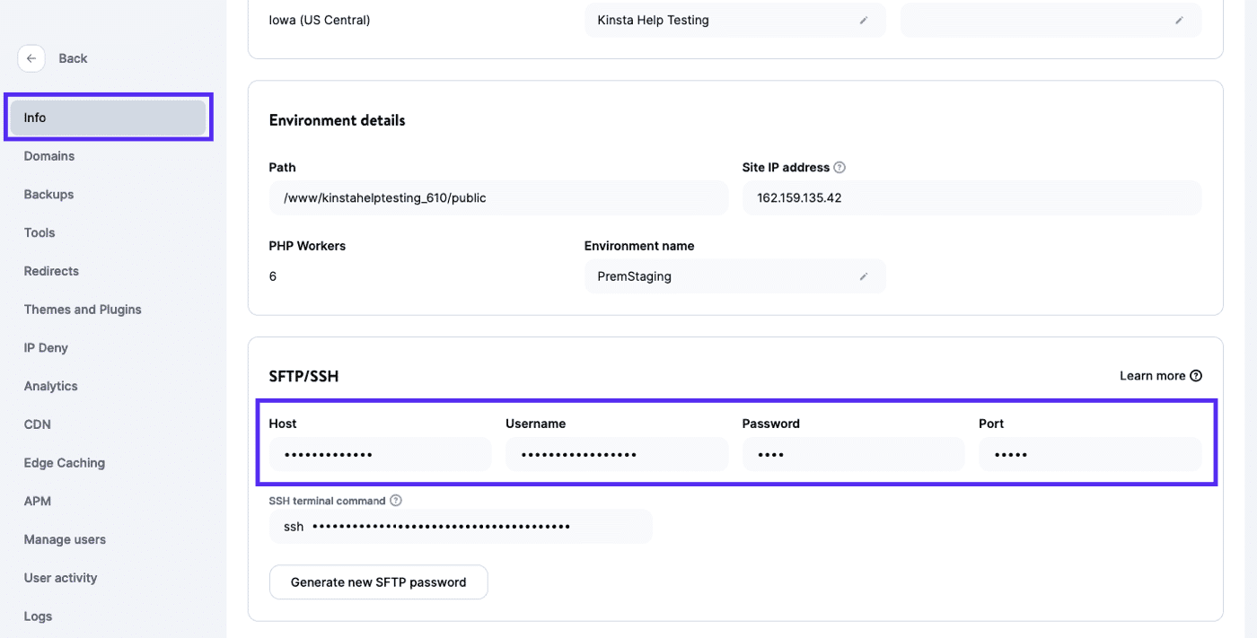 SFTP details in MyKinsta.