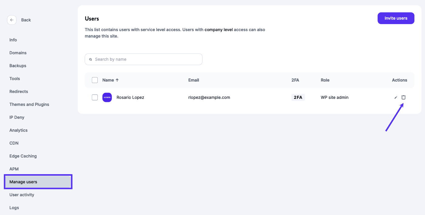 Remove a user from a WordPress site in MyKinsta.