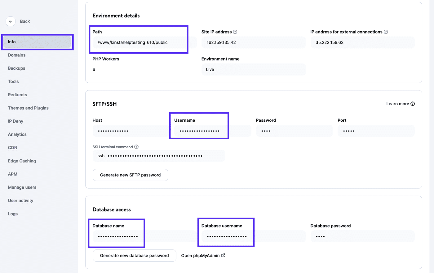 SSH/SFTP and database credentials are not changed by renaming a site in MyKinsta.