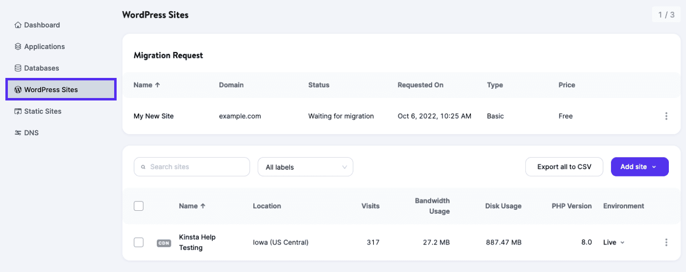 View migration requests on your WordPress Sites page in MyKinsta.