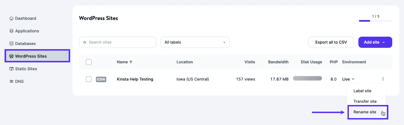 Rename your site from the WordPress Sites list in MyKinsta.