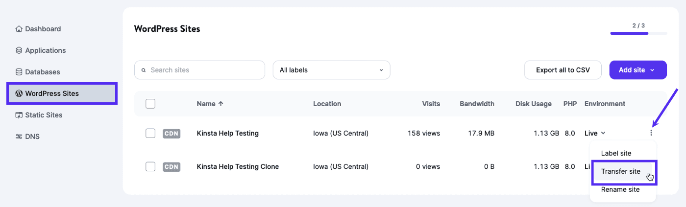 Select Transfer site to begin transferring your site to another company.