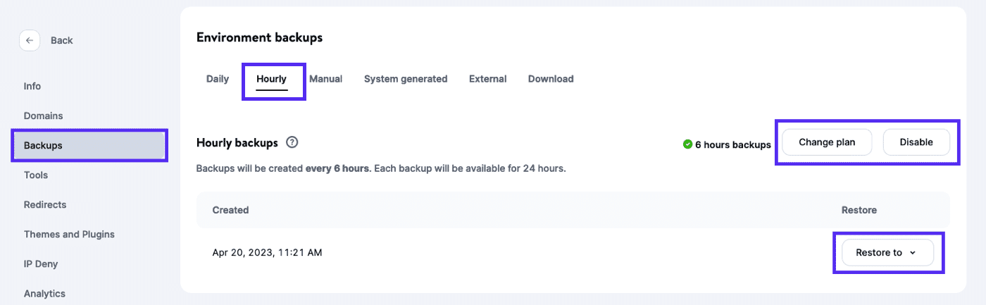 Hourly backups enabled in MyKinsta.