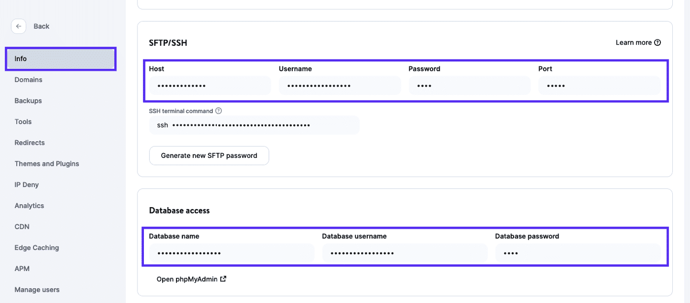 Credentials for setting up SSH tunneling can be found in MyKinsta.