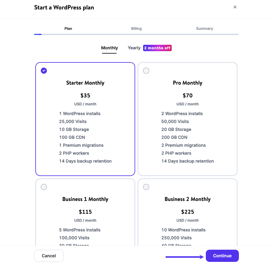 Start a new WordPress plan in MyKinsta.