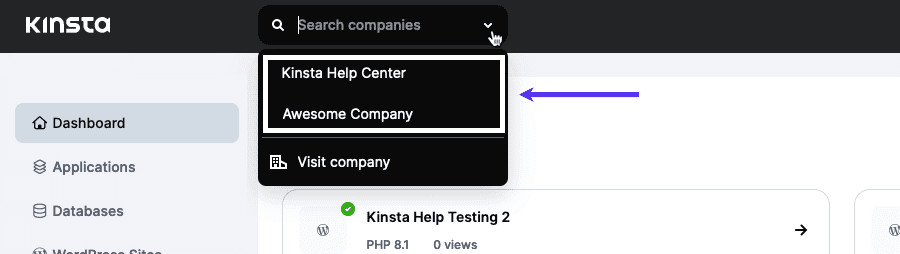 Switch between multiple companies in MyKinsta.