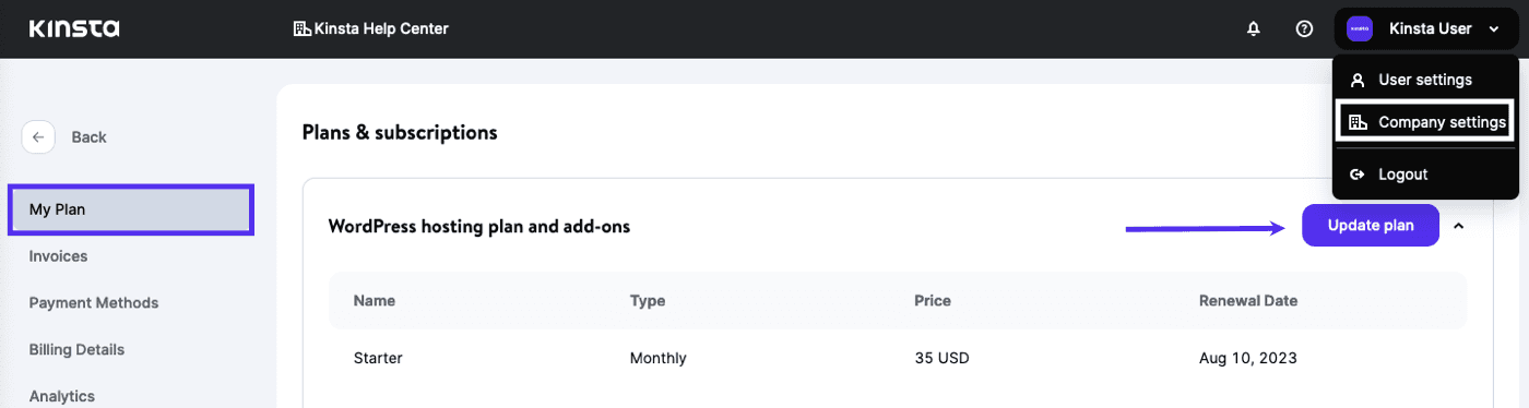 Update your hosting plan in MyKinsta.