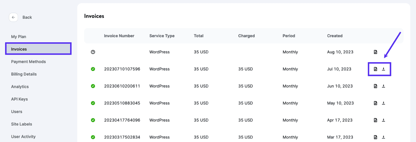 View or download invoices in MyKinsta.