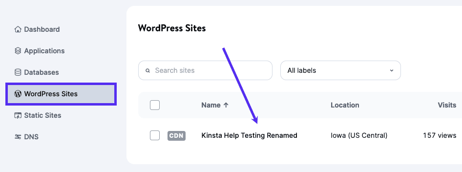 A renamed site in the WordPress Sites list.