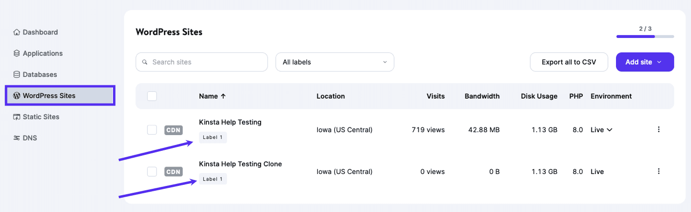 Site labels under site names in MyKinsta.