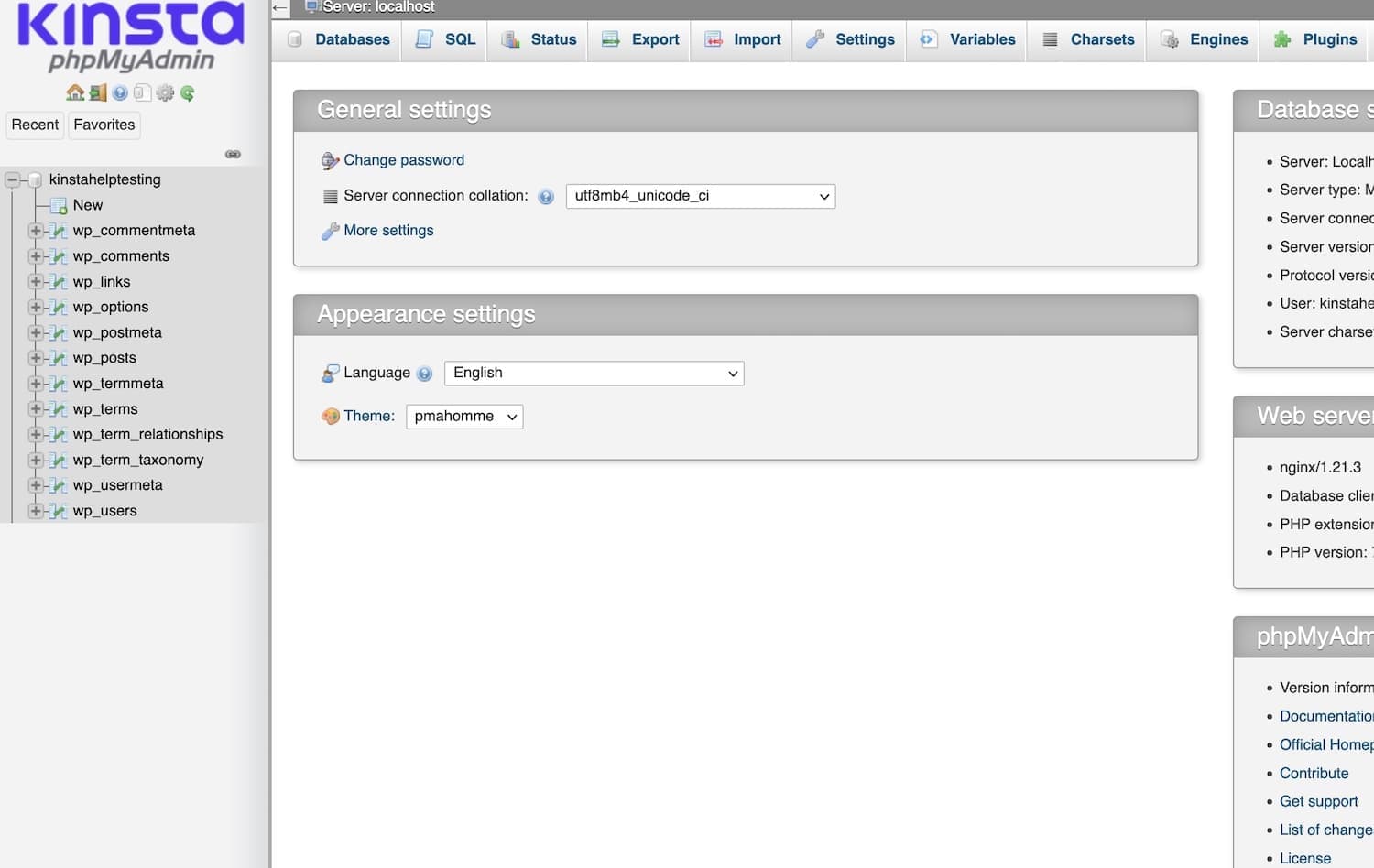 Viewing your database in phpMyAdmin.