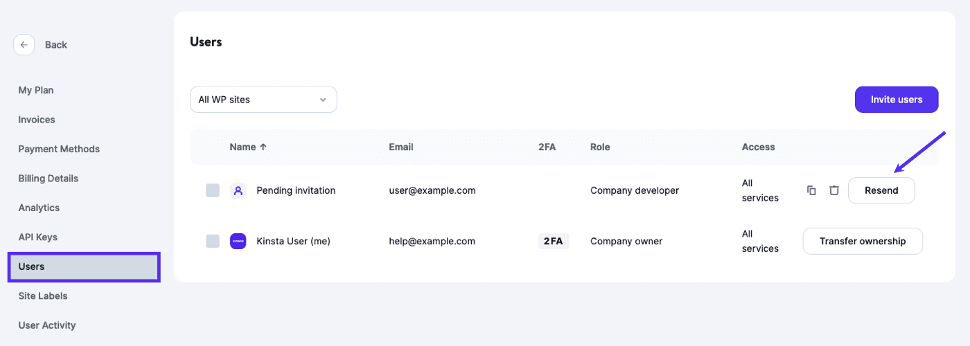 Resend pending company user invitation in MyKinsta.