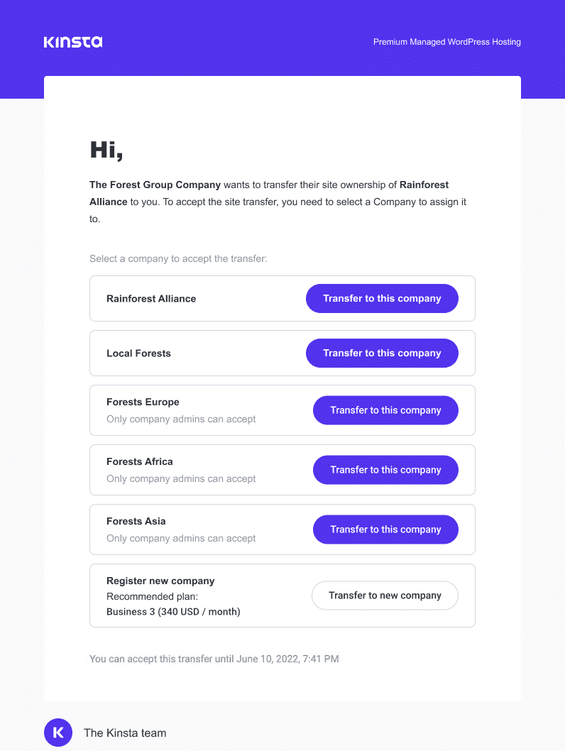 Site transfer email showing multiple companies.