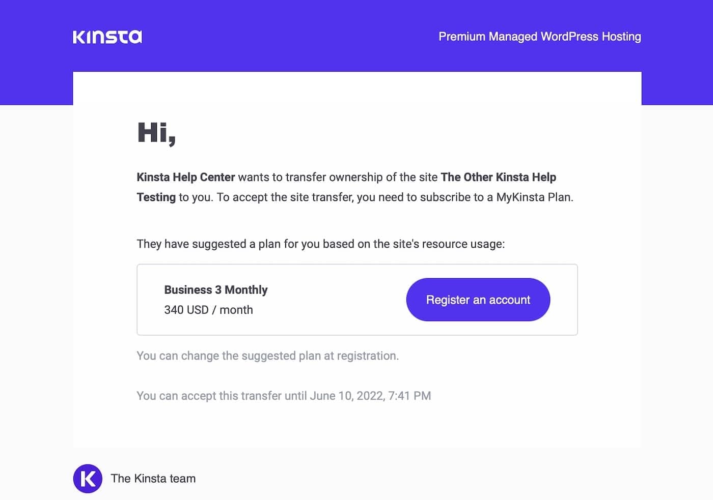 Site transfer email with a recommended plan.