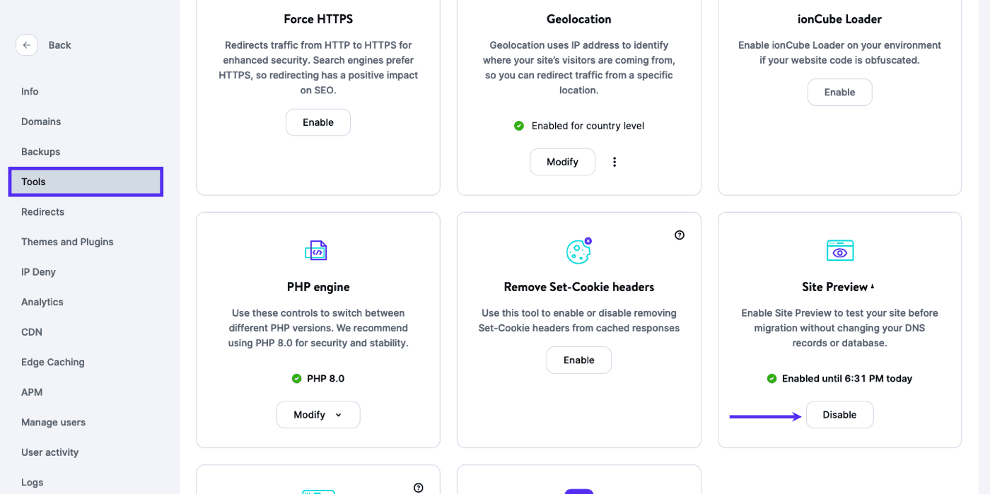 Disable Site Preview in MyKinsta.