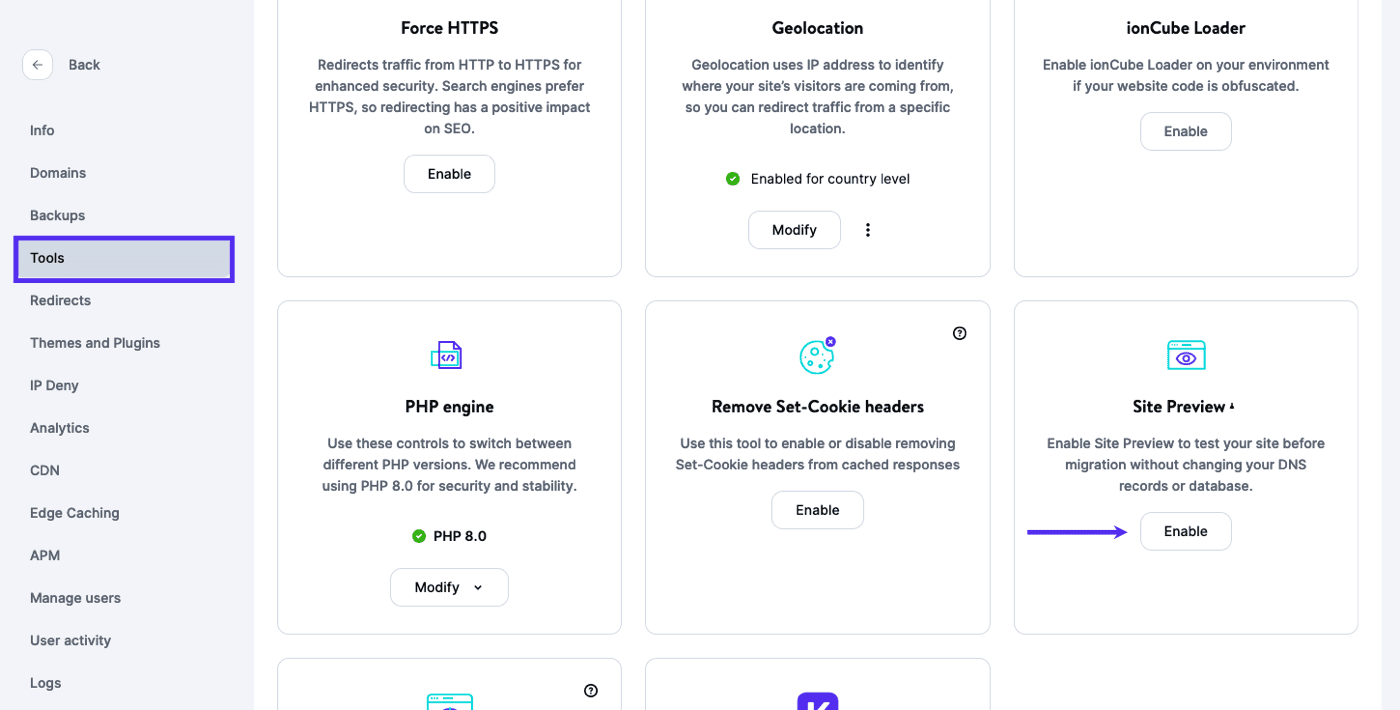Enable Site Preview in MyKinsta.
