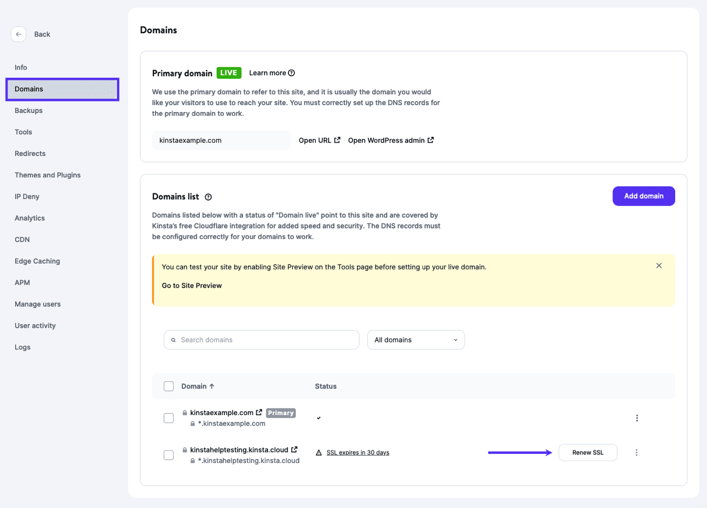 Renew SSL button next to the domain in MyKinsta Domains list.
