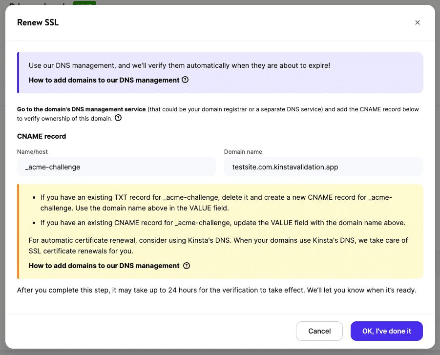 TXT record to verify the domain and renew your free SSL.