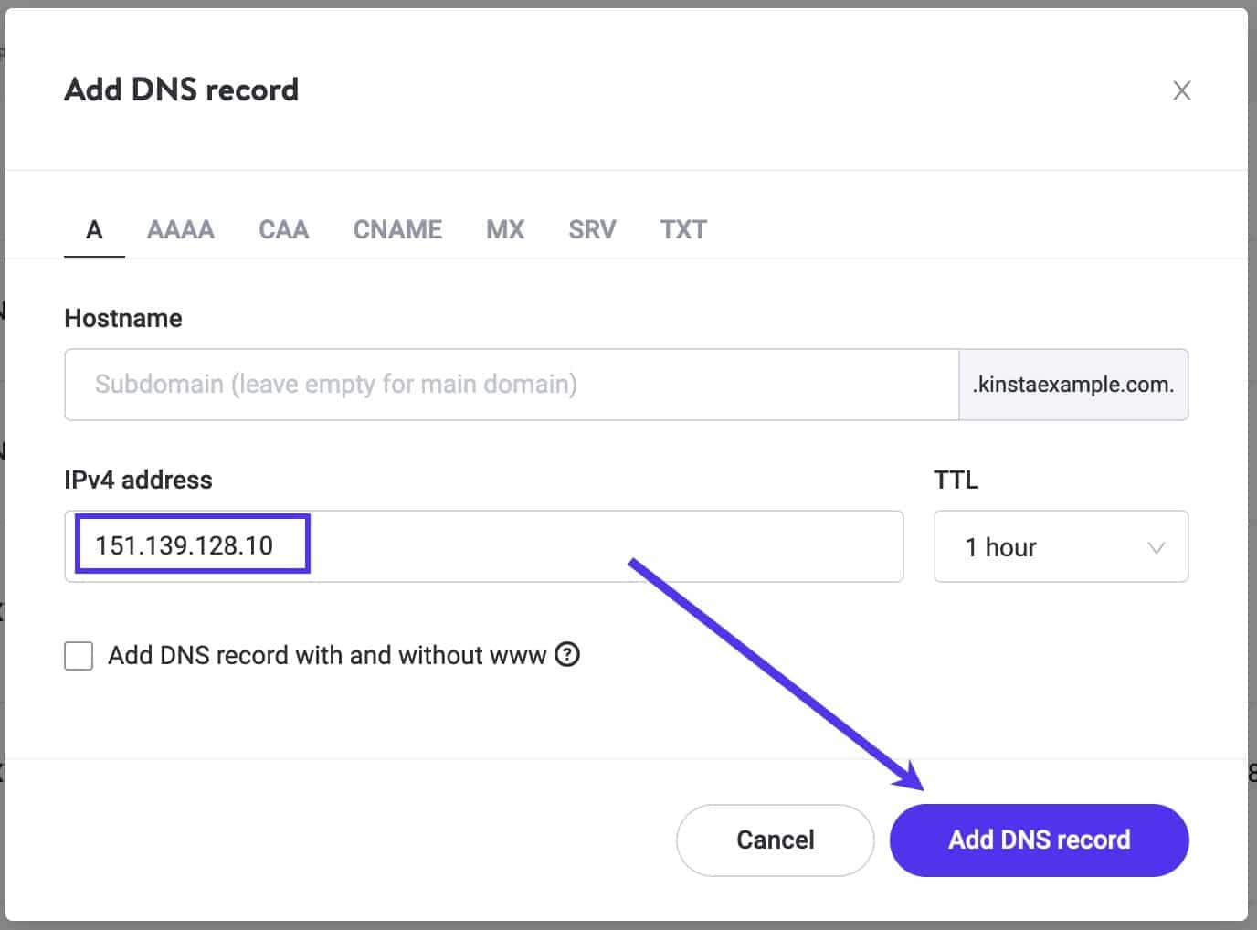 Add an A record to point to StackPath.