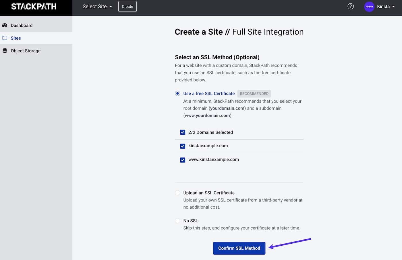 Confirming free SSL certificate and domains in StackPath.