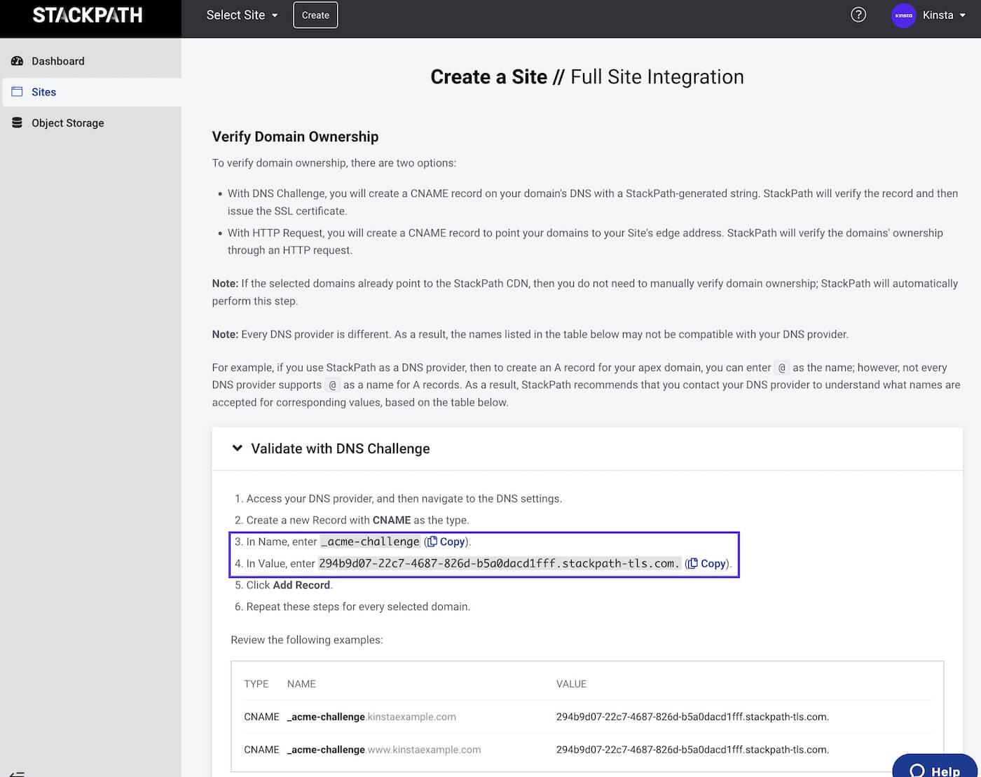 Copy the name and value for the CNAME to verify domain ownership.